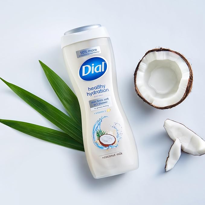 Dial Body Wash, Healthy Hydration, Coconut Milk + Vitamin E, 16 fl oz (Pack of 4), Gentle, Leaves Skin Feeling Soft In 1 Shower, Dermatologist-Tested, No Parabens & Silicones