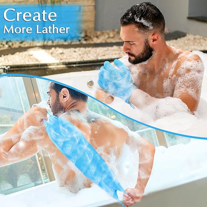 Anezus Exfoliating Back Scrubber Bath Gloves Set, Exfoliating Shower Towel with Shower Gloves for Body Scrub, Back Cleaner Wash Gloves to Remove Dead Skin (Blue)