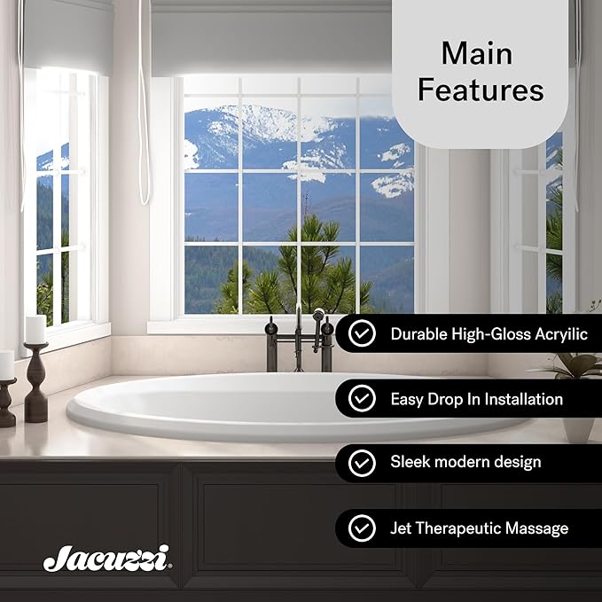 Jacuzzi SIGNATURE Acrylic Whirlpool Oval Drop-In Bathtub, Includes Heater & 6 Jet Massage, Slip Resistant, Right Drain Placement, 59" (L) x 41" (W), Oyster