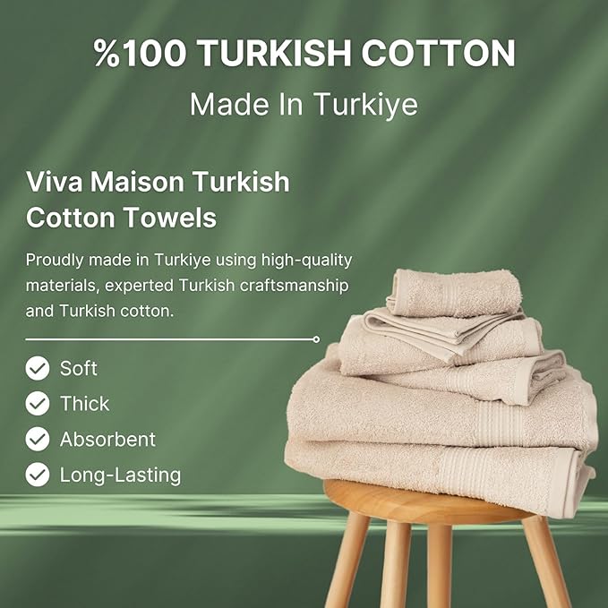 100% Turkish Cotton Towel Set of 6 - Plush & Super Absorbent - Premium Set with 2 Bath Towels, 2 Hand Towels, and 2 Washcloths - Made in Turkey (Light Beige, 6-Piece Towel Set)