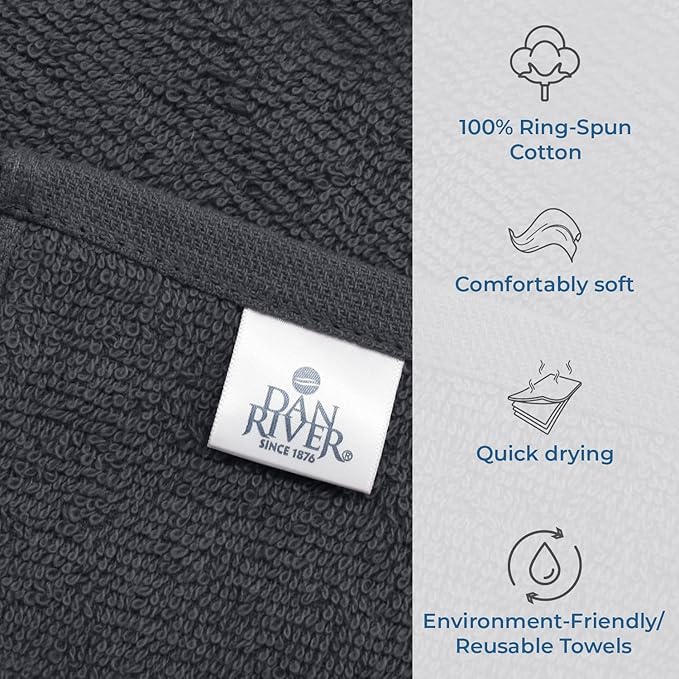 DAN RIVER 12 Pack Wash Cloths for Showering [12x12] - 100% Cotton Washcloths Premium Quality Flannel Face Cloths for Bathroom, Highly Absorbent and Soft Feel Wash Clothes, Charcoal