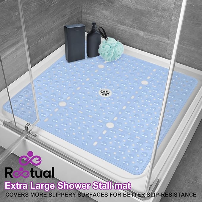 Reetual XL Shower Mat Non Slip - 27x27 Bath Mat for Shower Stall or Large Bathtub Mat with 240 Powerful Suction Cups and Drain Holes. Black Shower Mats for Bathroom (Blue Aqua)