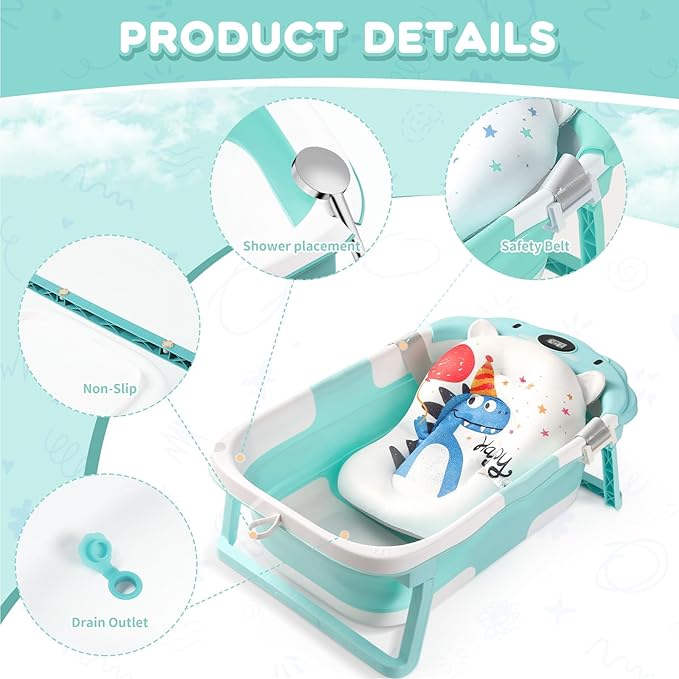 Baby Bathtub,Collapsible Baby Bath Tub with Thermometer & Soft Floating Cushion,Portable Travel Baby Bathtubs for Newborns to Toddlers 0-36 Months(Bear Green)