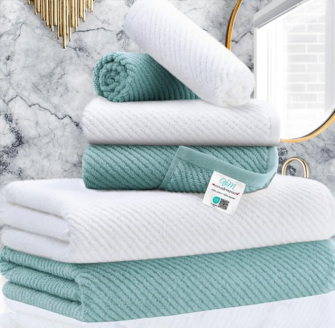 VOOVA & MOVAS Towels for Bathroom - 100% Cotton | Soft | Quick Dry | Thick, Towel Set of 6, 2 Large Bath 30"x56",2 Hand 18"x28", 2 Washcloths 13"x13", Bathroom Essentials, Aqua Teal and White