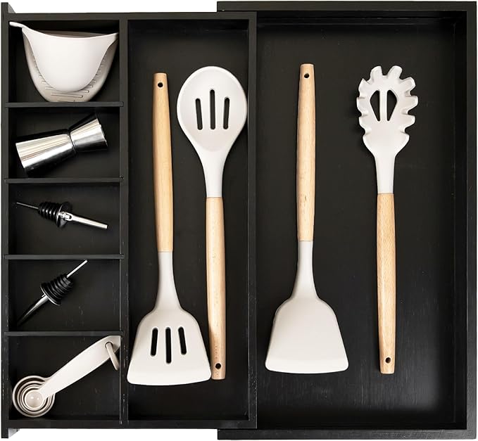 KitchenEdge Adjustable Kitchen Drawer Organizer for Utensils and Junk, Food-Safe Contract Grade with 100% Sustainable Wood, Expandable from 10.5 to 19 Inches Wide - Black Bamboo