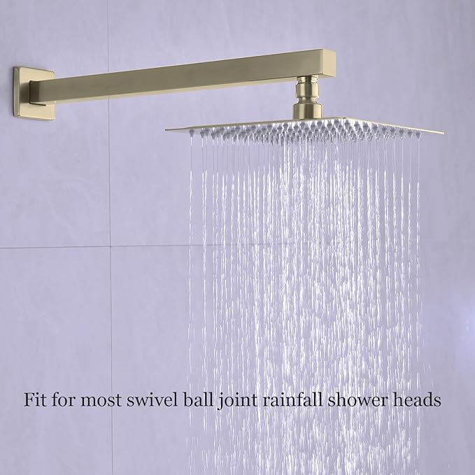 Square Shower Arm with Flange in Brushed Brass 16 Inch Wall Mounted Rainfall Shower Head Extension Arm, Stainless Steel, Brushed Gold