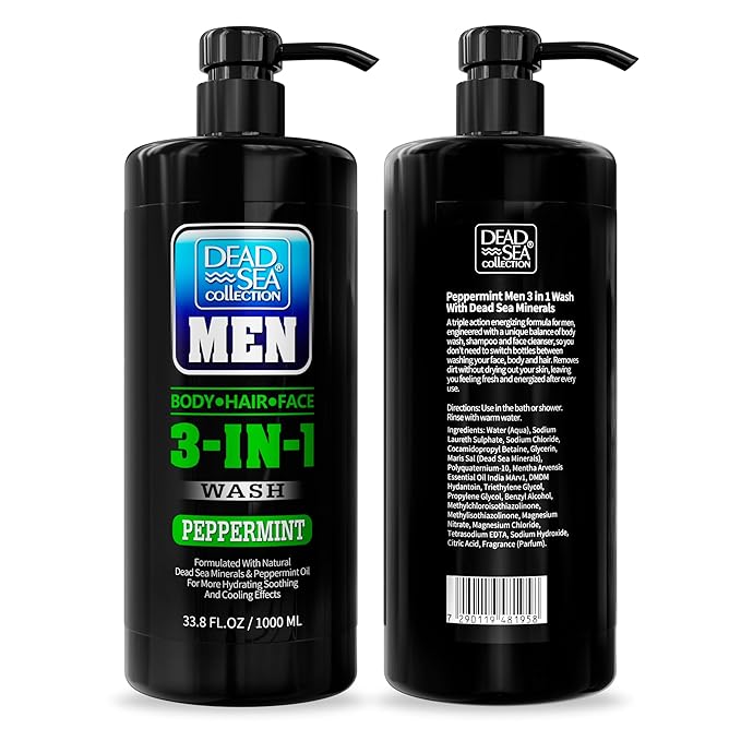 Dead Sea Collection Mens Body Wash 3 in 1 – Peppermint Body Wash for Men – Shower Gel – Shampoo – Shower Soap for Face and Hair – Pack of 2 Bottles (33.8 Fl. Oz. Each)