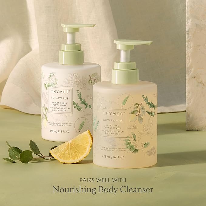 Thymes Large Replenishing Body Lotion - Moisturizing Body Lotion for Dry Skin - Scented with Notes of Eucalyptus Oil, Lemon, Petitgrain, Bergamot, Lemongrass, & Lush Fir (Eucalyptus, 16 fl oz)