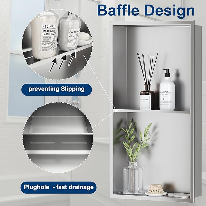 Neodrain No Tile Shower Niche, Stainless Steel Wall Niche 13.1"X25.1"(Inner Size 12"X24"), Two-Tier Bathroom Shelf Waterproof Cubby, NO Tile Needed Recessed Cabinet for Bathroom Storage