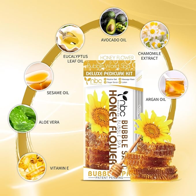 Pedicure Kit Foot Soak Set: Bubble Salt, Sugar Scrub, Massage Mask, Massage Lotion in a Box, 4 Step Foot Spa Kit for Dry Feet, Tired Feet（3 Set Honey flower)