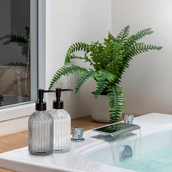 Black & Clear Glass Soap Dispenser with Plastic Pump, 13.5oz Vertical Stripe Design Hand Soap Dispenser for Dish Wash, Refillable Lotion Dispenser for Bathroom and Kitchen