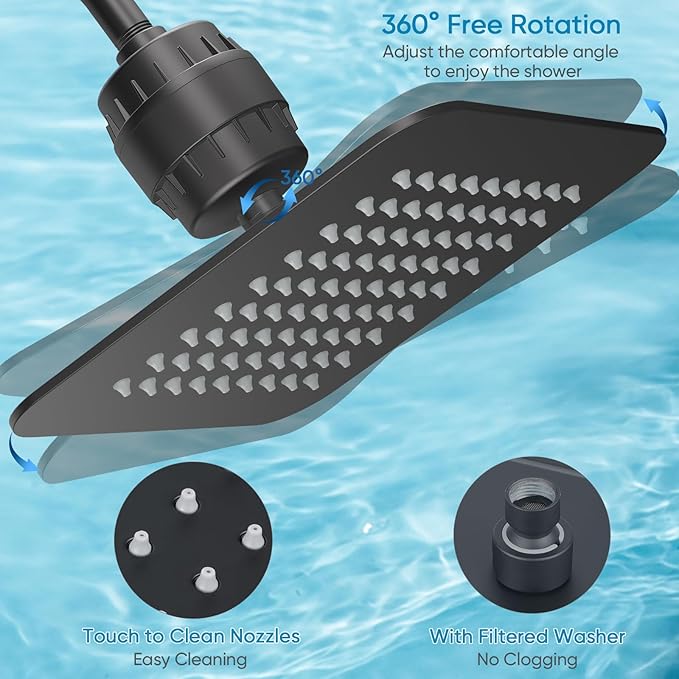 8'' High Pressure Filtered Shower Head Combo 20 Stage Shower Filter for Hard Water, Removes Chlorine & Harmful Substances (Matte Black)