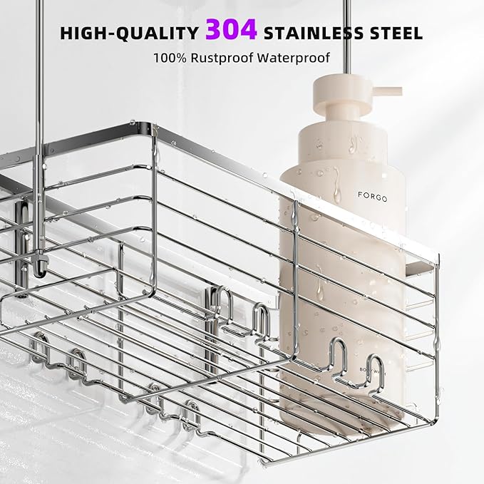 SHANSHUI Shower Hanging Caddy, Bathroom Shower Organizer Basket, Shampoo Bracket, Over Door Showers Rack with Hooks, 304 Stainless Steel Rustproof