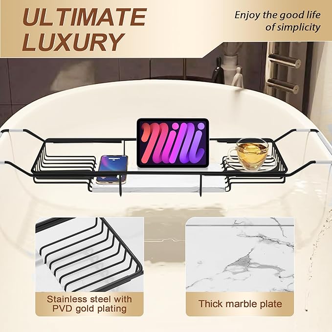 BVL Bathtub Tray Stainless Steel with Marble Base Matte Black Bathtub Tray with White Marble Base Adjustable & Rustproof Bath Caddy for Spa, Relaxation, Bath Bombs