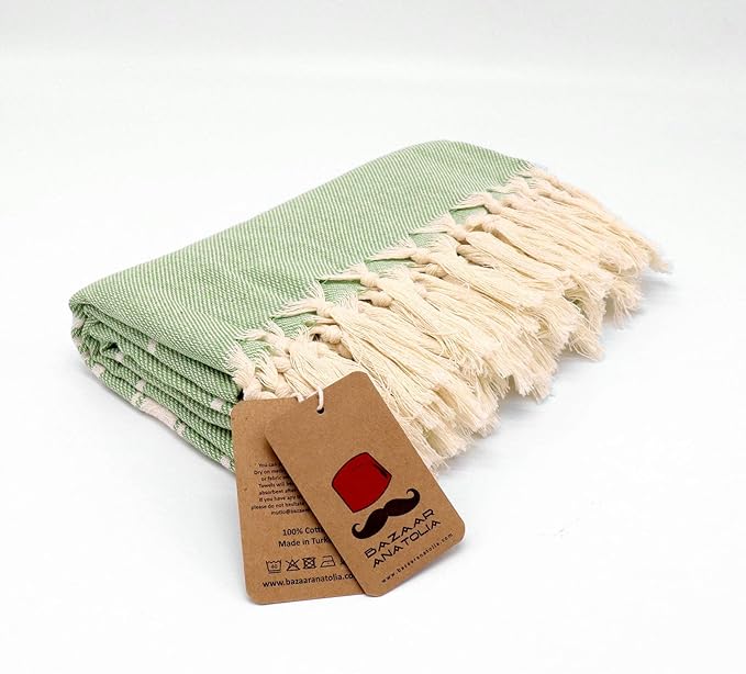 Bazaar Anatolia Turkish Beach Towel – 100% Cotton, Quick Dry, Sand Free Towel for Bathroom, Camping, Travel, Sage Olive – Oversized 71x39 Inches – Stripe Green