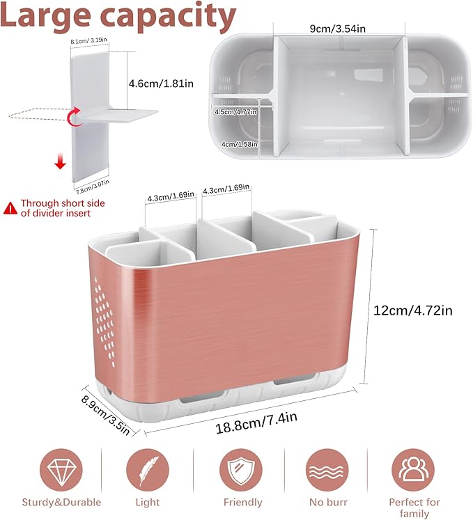 Boperzi Toothbrush Holders for Bathrooms Countertop, Electric Tooth Brush Holder with Adjustable Dividers, Detachable Anti-Slip Large Toothpaste Caddy Organizer Storage for Shower, Family, Kids, Pink