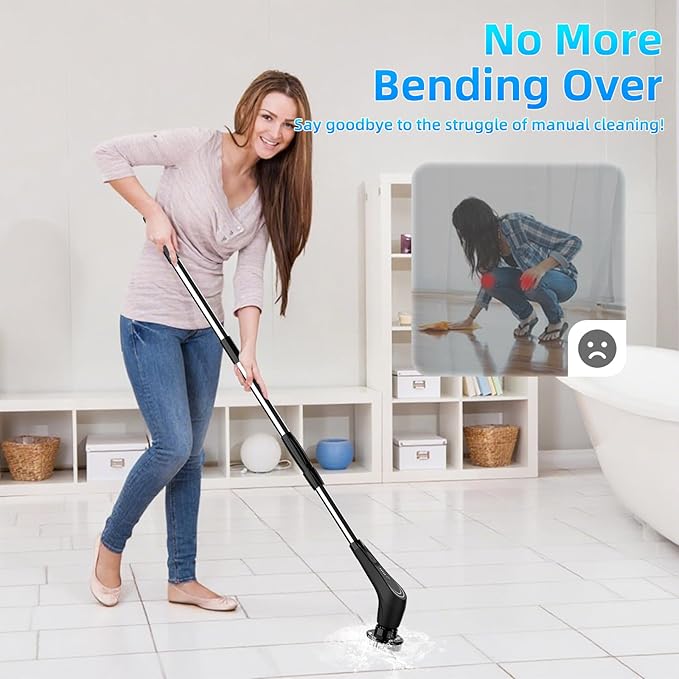 Black Electric Spin Scrubber, Cordless Spin Scrubber with 8 Replaceable Brush Heads, Electric Scrub Brush with Adjustable Extension Handle, Electric Cleaning Brush for Bathroom, Tile and Bathtub