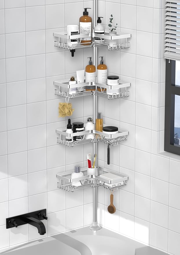 KEGII SUS304 Corner Shower Organizer, Stainless Steel Tension Pole Corner Bathroom Caddy, No Drilling Required Adjustable Shower Shelf for Inside Showers, Silver