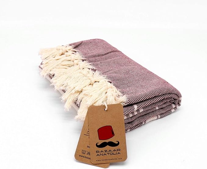 Bazaar Anatolia Turkish Beach Towel – 100% Cotton, Quick Dry, Sand Free Towel for Bathroom, Camping, Travel, Burgundy – Oversized 71x39 Inches – Stripe Maroon