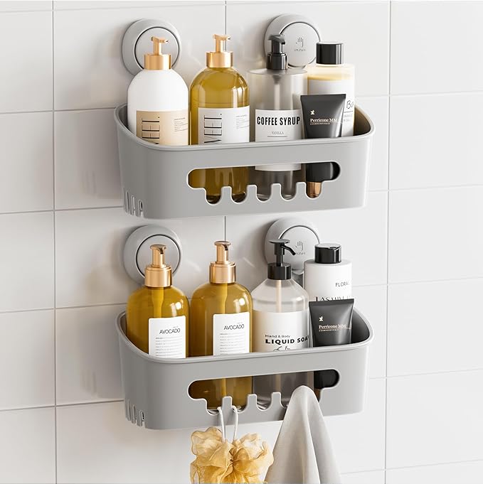 TAILI Shower Caddy Suction Cup 2 Pack, Heavy Duty Bathroom Organizer, Removable Shelves for Inside Shower, Shampoo, Waterproof Suction Plastic Storage for Bathroom Accessories Holder, Gray