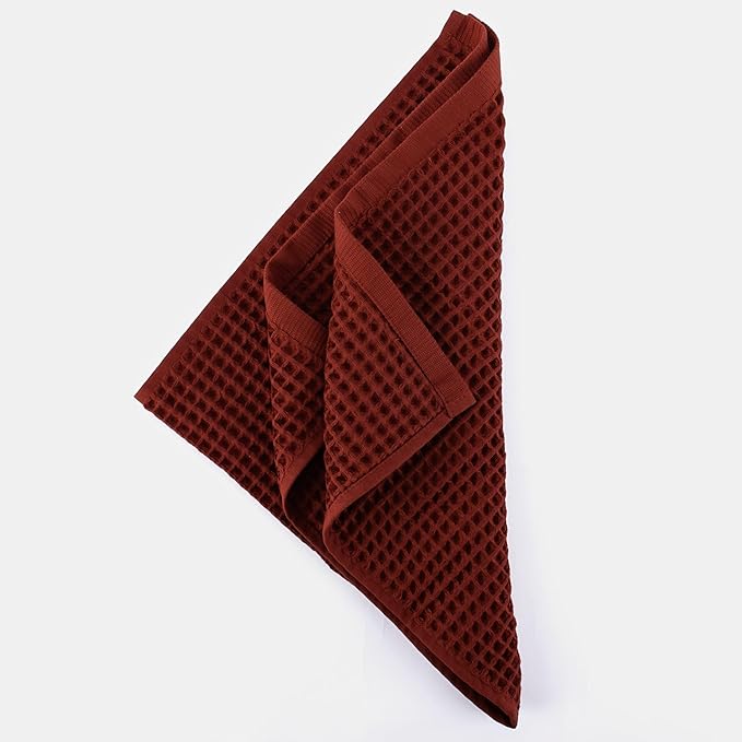 PÜSKÜL Organic Waffle Kitchen Towel 100% Turkish Cotton Set of 3 Red Brick - Premium Quality, Soft, Quick-Dry, Absorbent, Lint-Free Hand Towels 32X16 Inches (3, Brick)