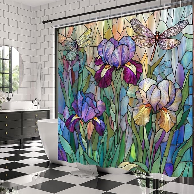 Stained Glass Shower Curtain Artistic Iris Dragonfly Purple Floral Green Leaves Abstract Nature Plant Spring Summer Modern Botanical Fabric Bathroom Decor Curtains with Hooks,47 x 70