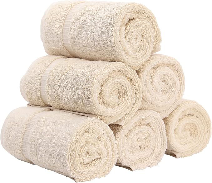 Luxury Hotel & Spa Towel 100% Genuine Turkish Cotton Hand Towels - Beige - Dobby Border - Set of 6