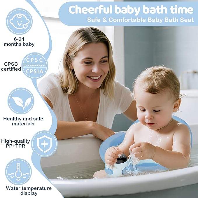 Baby Bath Seat-for Babies 6 Months & up, Water Temperature Display+Soft Cushion, Non-Slip Toddler Bath Seat for Baby, Sit Up Bath Seat for Baby, Blue