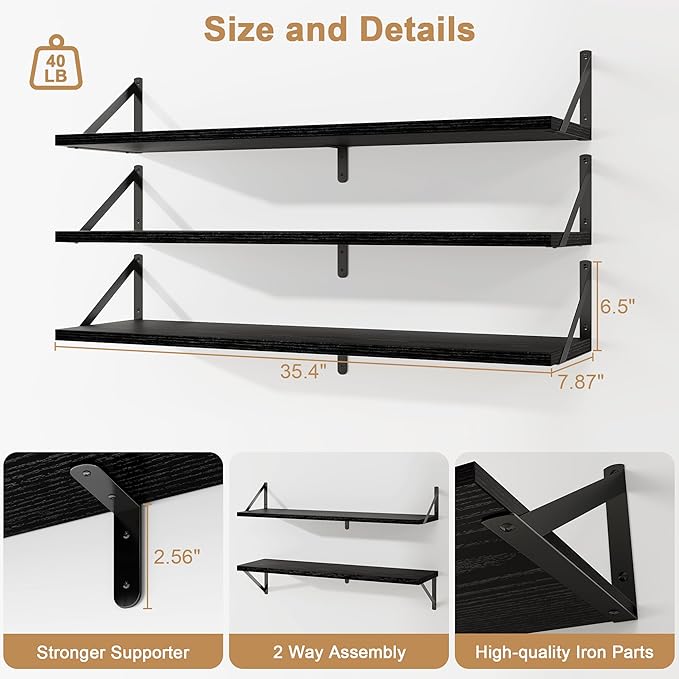 Fun Memories Floating Shelves for Wall, 36 Inches Long Set of 3 Wall Shelves for Bedroom, Floating Bookshelves with Metal Brackets for Living Room, Kitchen, Bedroom and Laundry Room (Black)