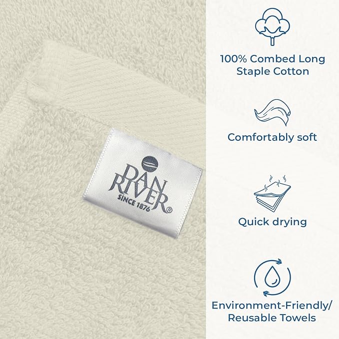 DAN RIVER Bath Towels Set of 4, 27 x 54 Inches, 100% Cotton, Larger & Lighter Weight, Quicker to Dry, Super Soft and Absorbent, Ideal Quick Dry Bath Towels for Daily Use, Ivory