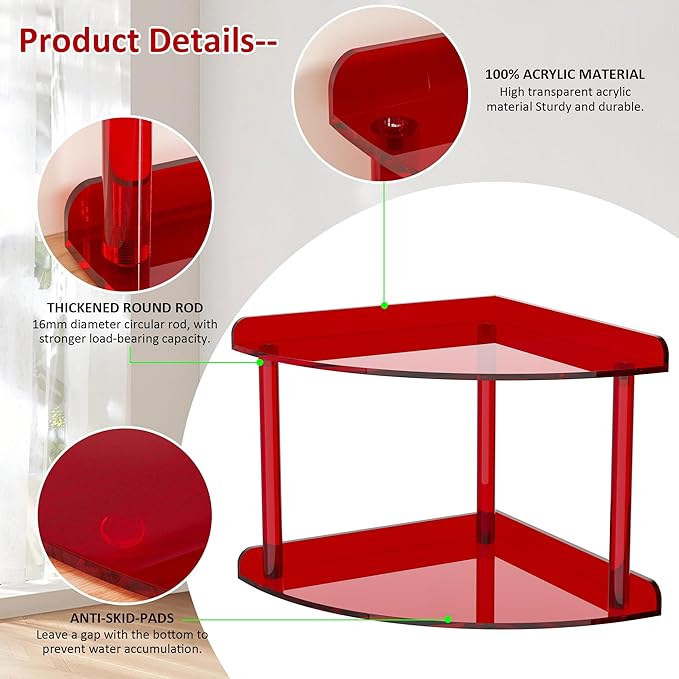 2 Tier Acrylic Corner Shelf Organizer Storage 9.5x9.5x8 Inch, Red Countertop Corner Shelf for Bathroom, Kitchen, Bedroom, Office, Study Room