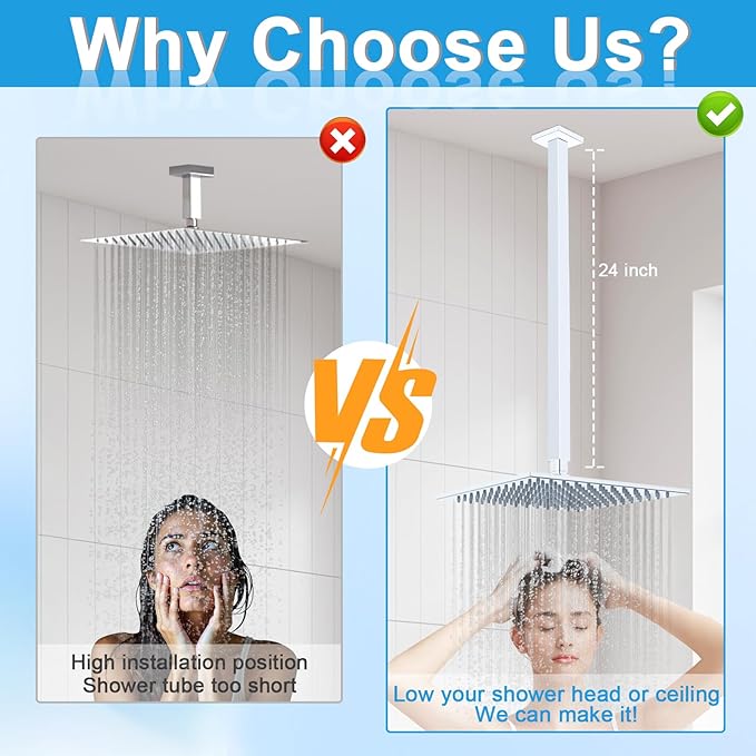 Shower Arm with Flange 24 Inches Ceiling Mount Square Straight Extender Extension Pipe Replacement, Extra Long Shower Arm For Fixed Rain Shower Head or High Ceiling, NPT 1/2 to G1/2, Chrome