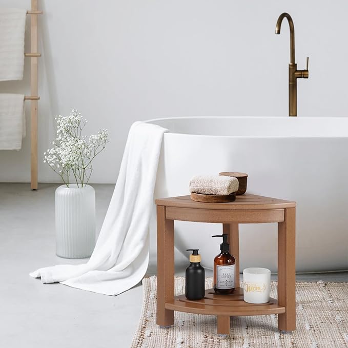 HDPE Corner Shower Stool,Shower Bench Seat with Storage Shelf for Shaving Legs Plastic Spa Bath Step Foot Rest for Bathroom Small Place (Teak)