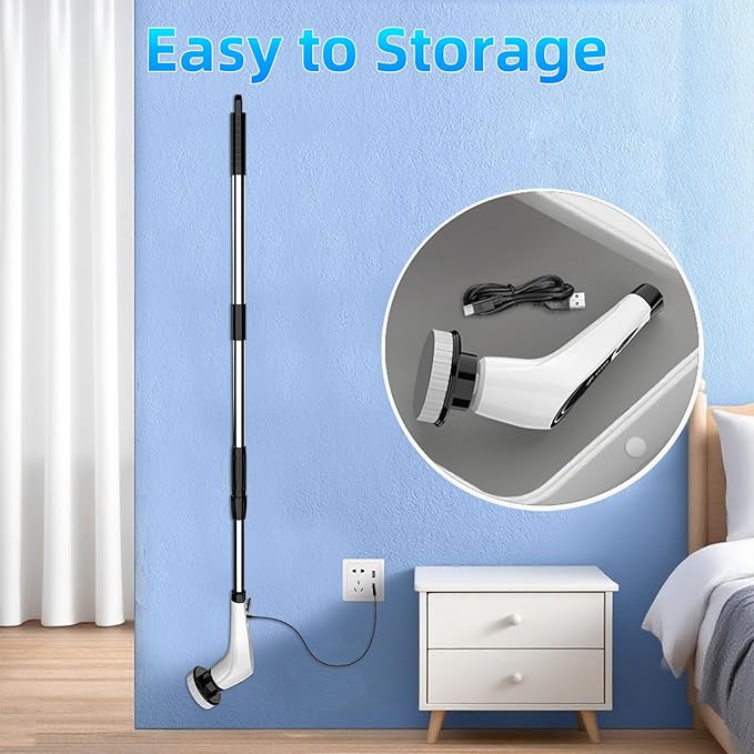 White Electric Spin Scrubber, Cordless Spin Scrubber with 8 Replaceable Brush Heads, Electric Scrub Brush with Adjustable Extension Handle, Electric Cleaning Brush for Bathroom, Tile and Bathtub