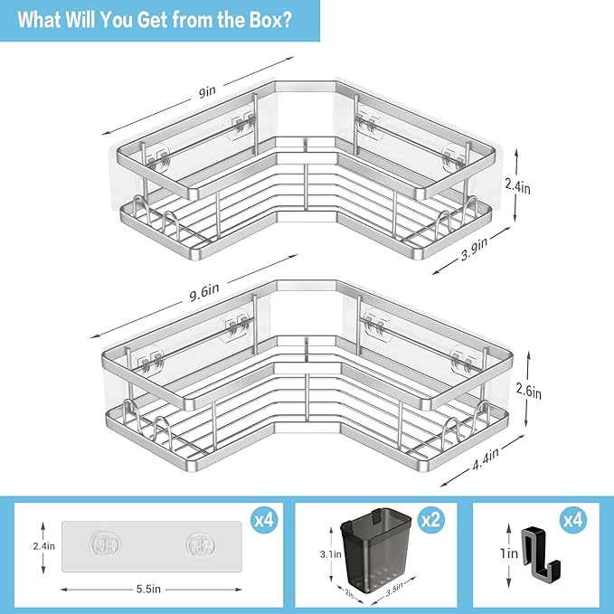 Corner Shower Caddy Shelf Rack: 2 Pack Adhesive Shower Organizer Essentials - No Drilling Stainless Steel Shower Storage Rack with Hooks and Toothpaste Holder - Bathroom Accessories