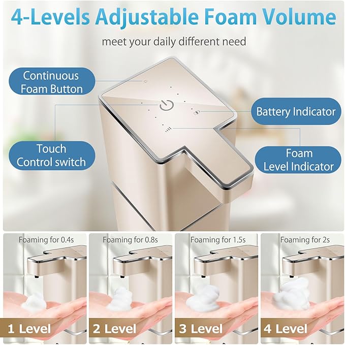 Automatic Soap Dispenser Touchless Foaming Soap Dispenser 300ml/12.8oz Rechargeable, Wall Mounted 4 Levels Adjustable Foam Soap Pump for Bathroom Kitchen Dish Soap