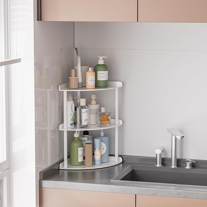 3 Tier Acrylic Corner Shelf Organizer Storage 9.5x9.5x15.7 Inch, White Countertop Corner Shelf for Bathroom, Kitchen, Bedroom, Office, Study Room
