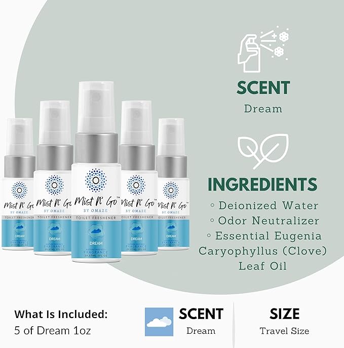 Mist N’ Go by Omaze Travel Bathroom Spray for Toilet Spray Odor Eliminator - Travel Toilet Spray for Bathroom Air Freshener Spray for Bathroom Deodorizer - Dream Travel Size (1oz x5)