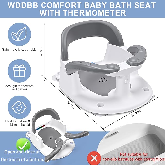 Baby Bath seat for Babies 6 Months & up, 360° Stable Toddler Bath Chair with one-Touch Button, Back Hollow Design, Water Temperature Card & 4 Suction Cups for Safety (Gray)