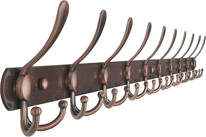 Dseap Coat Rack Wall Mount - 38” Long 10-Tri-Hooks Heavy Duty Coat Hanger Rail Wall Hooks for Hanging Coats Hats Clothing Clothes Purse Mudroom Entryway, Antique Copper