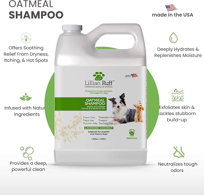 Lillian Ruff PRO Formula Deodorizing Oatmeal Dog Shampoo - Calms Itching & Allergies, Ultra-Nourishing Dry Skin Relief - Oatmeal, Aloe, Coconut Oil, Lavender & Provitamin B5 - Made in USA Gallon+Pump