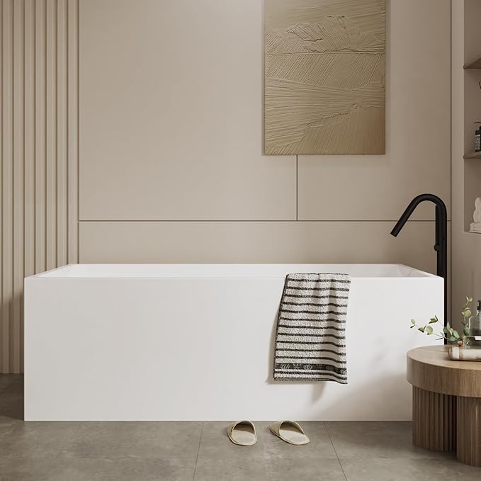 67" Acrylic Free Standing Bathtub, White Contemporary Soaking Tub with Chrome Overflow & Drain, Easy to Install Modern Bath Tub