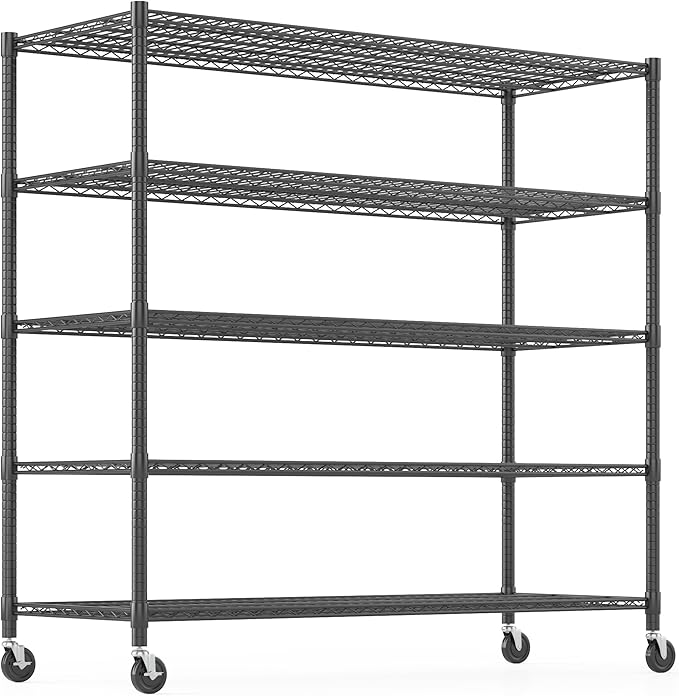 Himimi Storage Shelves with Wheels, 5-Tier Heavy Duty Steel Wire Rack Storage Shelving, Adjustable Metal Storage Shelves for Garage Kitchen Pantry Bathroom Laundry 18" D*60" W*82" H, Black