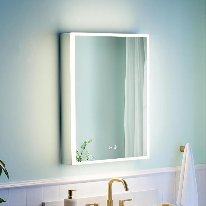 WELLFOR 24" X 30" Medicine Cabinet With Lights, 3X Magnification, Anti-Fog Mirrored Cabinet, Bathroom Vanity With Outlets & USB Ports, Right Opening Door