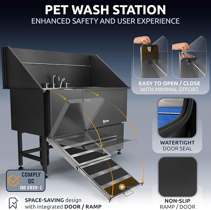 KANIS Black Line Professional Dog Washing Station - 304 Stainless Steel Pet Wash Sink & Grooming Bathtub w/Shower, Floor Grates and Storage for Large, Medium & Small Pets (61", 1 Drawer - Left Ramp)