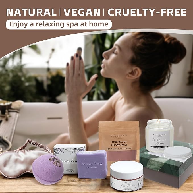 Natural Amor Spa Gift Set for Women – 6 PCS Self Care Relaxation Kit with Handmade Soap, Bath Bomb & Candle, Christmas Holiday Gift Box for Her, Ready-to-Gift Spa Set for Mom Wife Sister