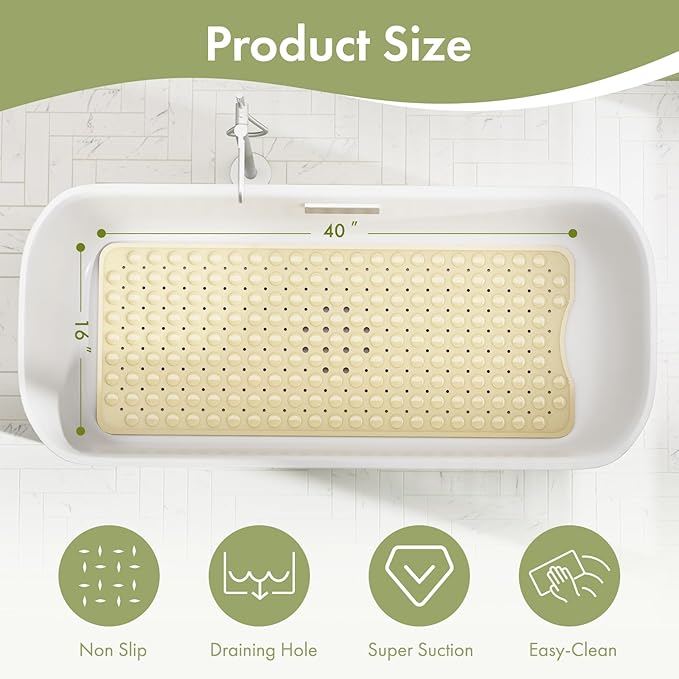 AmazerBath Shower Mat Non Slip 40 x 16 Inches, Shower Stall Mats with Suction Cups and Drain Holes, Non Slip Bath Mat for Tub for Elderly & Kids, Beige