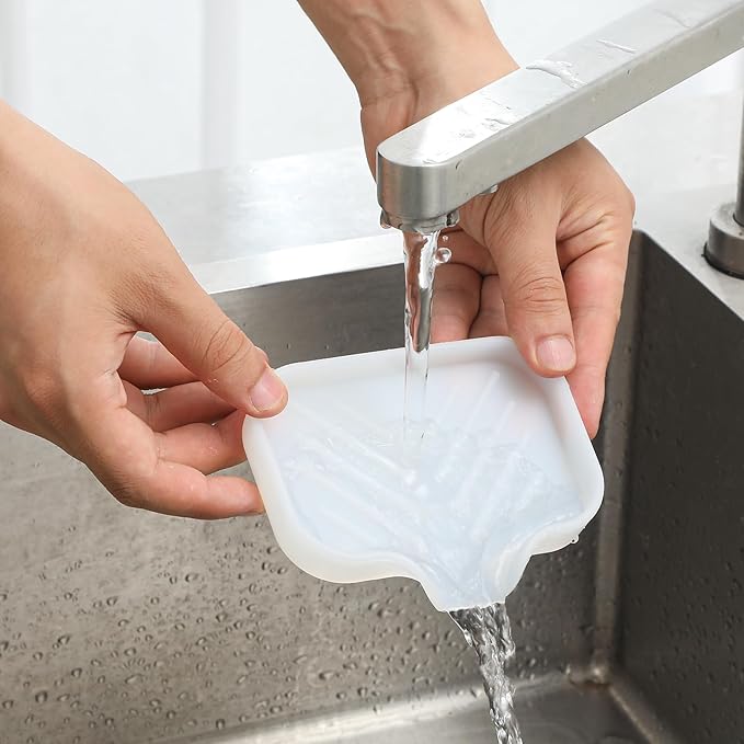 Silicone Bathroom Soap Dishes with Drain Spout-Bathroom and Kitchen Sink Organizer,Sponge Holder,Dish Soap Tray,Perfect for Dispenser,Scrubber,Bottle,Cup on Counter Translucent 4.9"×3.2"