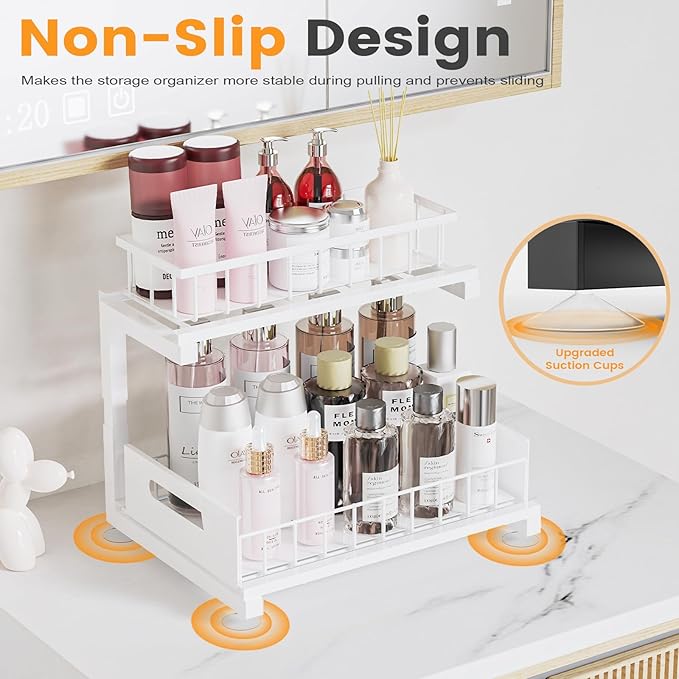 Under Sink Organizer, Heavy Duty Metal Pull Out Cabinet Organizer Slide Out Sink Shelf Organizer Height Adjustable, Multi-Purpose Storage Shelf for Kitchen Bathroom (White,1Pack)