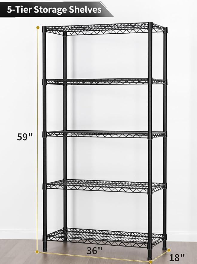 5 Tier Heavy Duty Adjustable Storage Shelf Organizer Storage Metal Shelves Garage Wire Shelving Unit Pantry Rack 18" D x 36" W x 71.25" H,Black